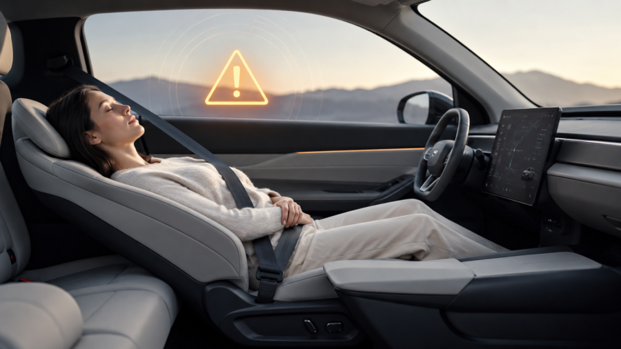 Electric vehicle interior with reclining seat and safety warning concept.